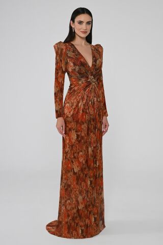 V Yaka Taşlı Tokalı Vatkalı Piliseli Kumaş Uzun Elbise TARÇIN DESEN - 46