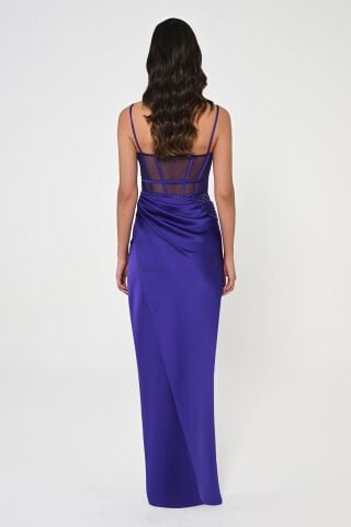 İp Askılı Korse Bel Önden Yırtmaçlı Saten Uzun Elbise Mor - 38