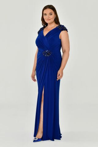 Kolsuz V Yaka Yırtmaçlı Uzun Elbise SAKS / MOR - 44