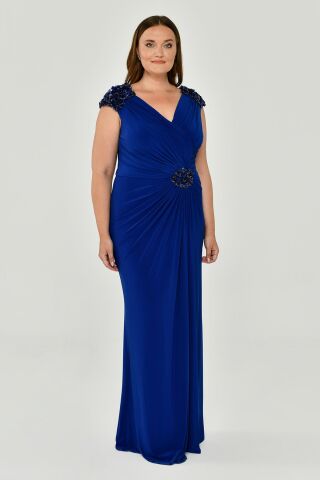 Kolsuz V Yaka Yırtmaçlı Uzun Elbise SAKS / MOR - 44