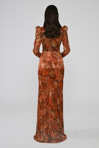 V Yaka Taşlı Tokalı Vatkalı Piliseli Kumaş Uzun Elbise TARÇIN DESEN - 48