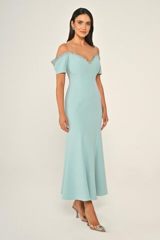 Yakası Taşlı Düşük Kol Krep Midi Elbise MİNT - 42