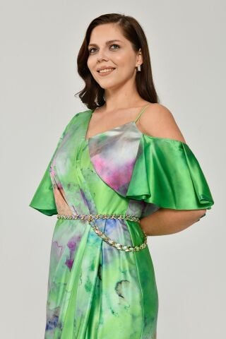 WAIST CHAIN PATTERNED FABRIC LONG DRESS