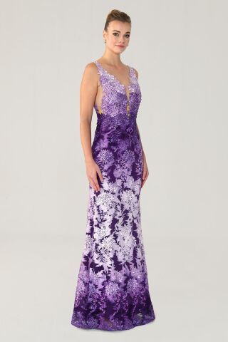 Göğüs Transparan Uzun Elbise Lila - 38