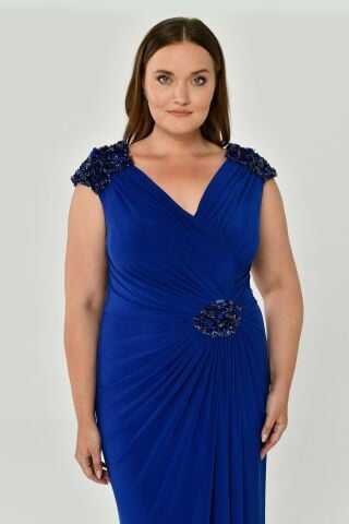 Kolsuz V Yaka Yırtmaçlı Uzun Elbise SAKS / MOR - 46