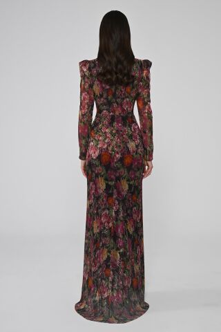 V Yaka Taşlı Tokalı Vatkalı Piliseli Kumaş Uzun Elbise FUŞYA DESEN - 42