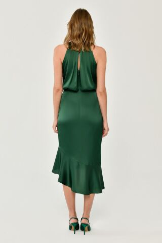 Boyundan Aksesuarlı Kolsuz Yırtmaçlı Saten Midi Elbise ZÜMRÜT - 40