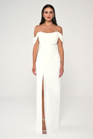 Düşük Omuz Yandan Yırtmaçlı Uzun Elbise Beyaz - 42