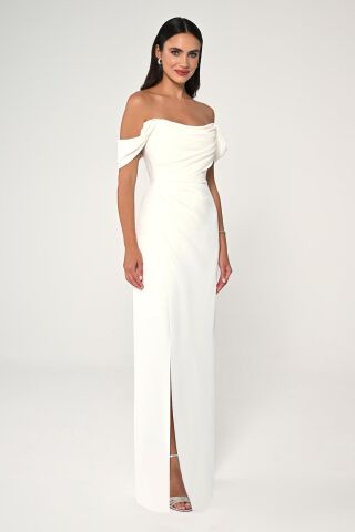 Düşük Omuz Yandan Yırtmaçlı Uzun Elbise Beyaz - 42