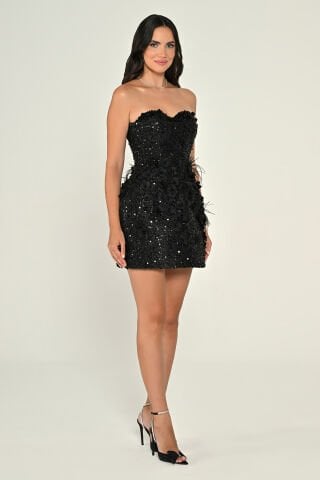 Straplez Kalp Göğüs Tül Eldivenli Payet Kısa Elbise