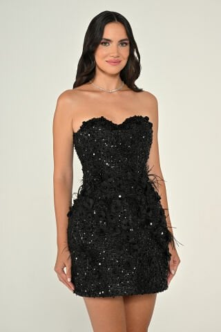 Straplez Kalp Göğüs Tül Eldivenli Payet Kısa Elbise