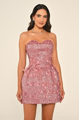 Straplez Kalp Göğüs 3 Boyut Çiçek Aksesuarlı Payet Kısa Elbise