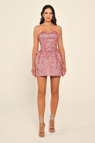 Straplez Kalp Göğüs 3 Boyut Çiçek Aksesuarlı Payet Kısa Elbise