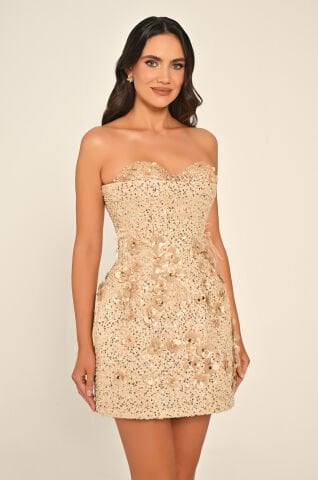 Straplez Kalp Göğüs 3 Boyut Çiçek Aksesuarlı Payet Kısa Elbise