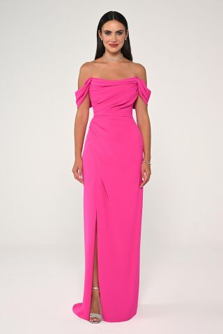 Düşük Omuz Yandan Yırtmaçlı Krep Uzun Elbise Fuşya - 36