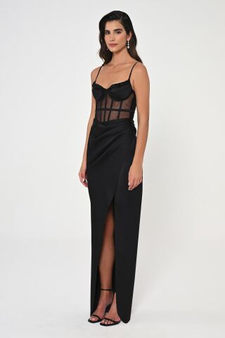 İp Askılı Korse Bel Önden Yırtmaçlı Saten Uzun Elbise Siyah - 38