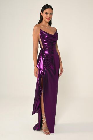 Strapless Shiny Fabric Side Slit Long Dress BLACK / MAGIC - 40
