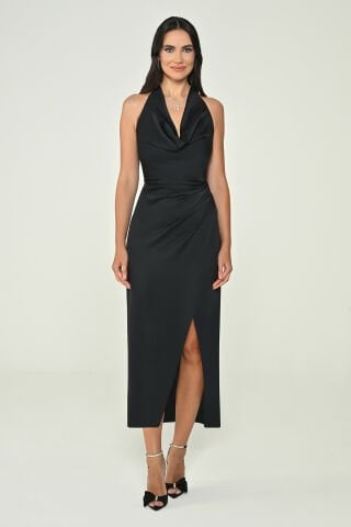 Boyundan Bağlamalı Önden Yırtmaçlı Saten Midi Elbise