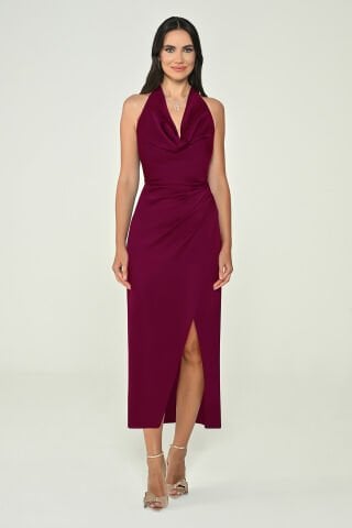 Boyundan Bağlamalı Önden Yırtmaçlı Saten Midi Elbise