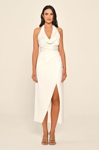 Boyundan Bağlamalı Önden Yırtmaçlı Saten Midi Elbise