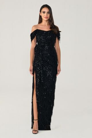 Low Shoulder Fringed Sequin Long Dress