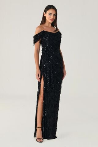 Low Shoulder Fringed Sequin Long Dress