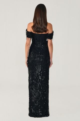 Low Shoulder Fringed Sequin Long Dress