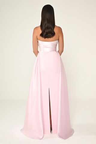 Boyundan Geçmeli Çiçek Aksesuarlı Uzun Elbise Pembe - 40