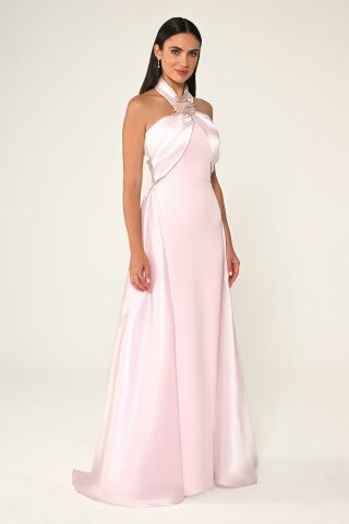 Halter Neck Floral Accessory Long Dress Pink - 40