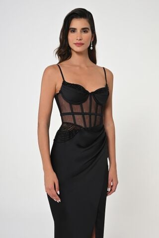 İp Askılı Korse Bel Önden Yırtmaçlı Saten Uzun Elbise Siyah - 42
