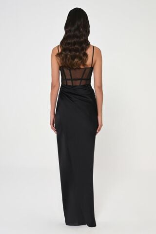 İp Askılı Korse Bel Önden Yırtmaçlı Saten Uzun Elbise Siyah - 42