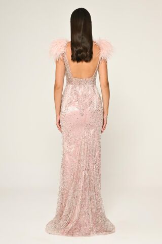 Omzu Otrişli Taşlı Uzun Elbise Pembe - 36