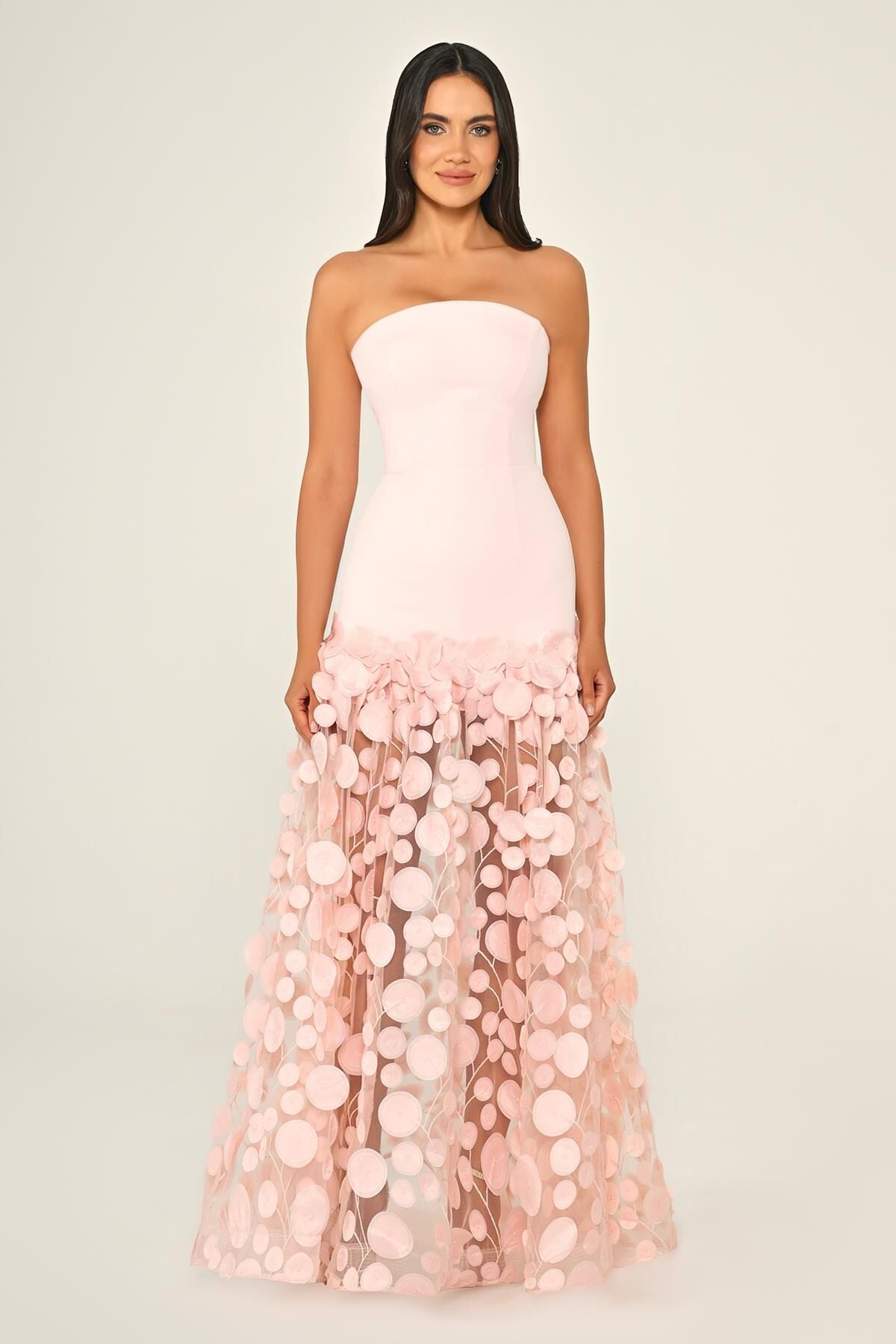 Straplez Üst Krep Eteği 3 Boyutlu Tül Uzun Elbise Pembe - 36