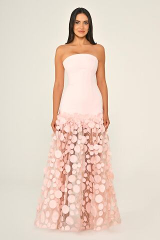 Straplez Üst Krep Eteği 3 Boyutlu Tül Uzun Elbise Pembe - 36