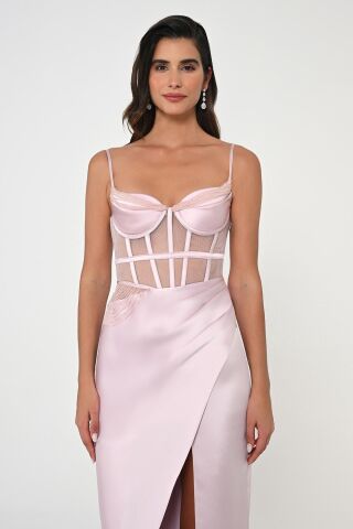 İp Askılı Korse Bel Önden Yırtmaçlı Saten Uzun Elbise Pudra - 40