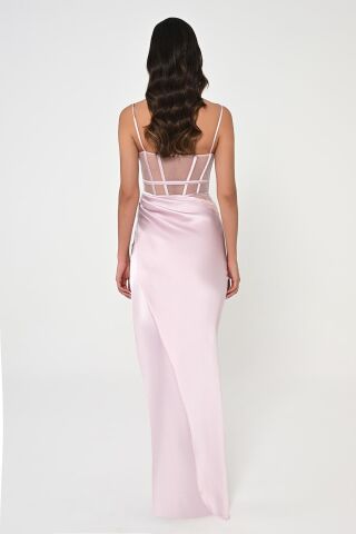İp Askılı Korse Bel Önden Yırtmaçlı Saten Uzun Elbise Pudra - 40