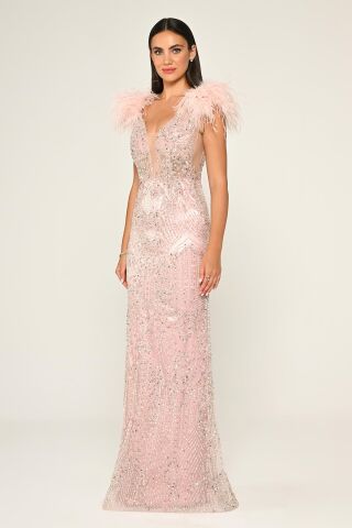 Omzu Otrişli Taşlı Uzun Elbise Pembe - 40