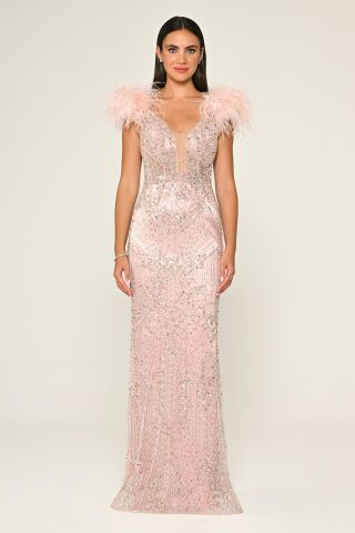 Omzu Otrişli Taşlı Uzun Elbise Pembe - 42