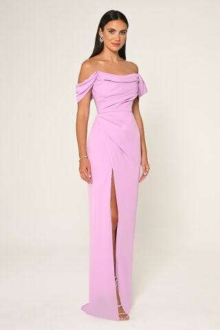 Schulterfreies, langes Crêpe-Kleid mit Seitenschlitz, Flieder - 42