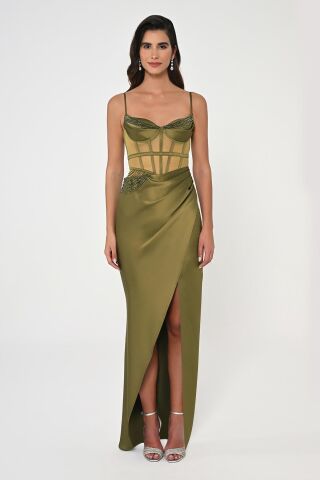 İp Askılı Korse Bel Önden Yırtmaçlı Saten Uzun Elbise Nefti - 36