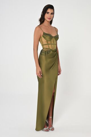 İp Askılı Korse Bel Önden Yırtmaçlı Saten Uzun Elbise Nefti - 36