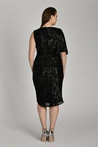 Einfarbiges Kurzarmkleid mit V-Ausschnitt und Brosche an der Taille, kurzes Kleid, Schwarz - 42