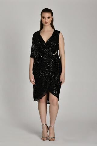 Einfarbiges Kurzarmkleid mit V-Ausschnitt und Brosche an der Taille, kurzes Kleid, Schwarz - 42