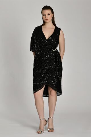 Einfarbiges Kurzarmkleid mit V-Ausschnitt und Brosche an der Taille, kurzes Kleid, Schwarz - 42