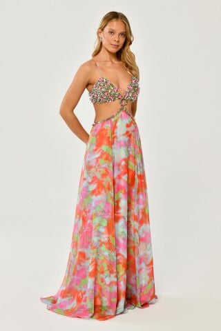 İp Askılı Beli Dekolteli Uzun Şifon Elbise MAVİ ORANGE - 36