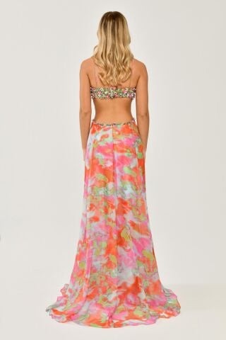 İp Askılı Beli Dekolteli Uzun Şifon Elbise MAVİ ORANGE - 36