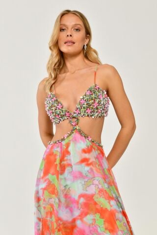 İp Askılı Beli Dekolteli Uzun Şifon Elbise MAVİ ORANGE - 36