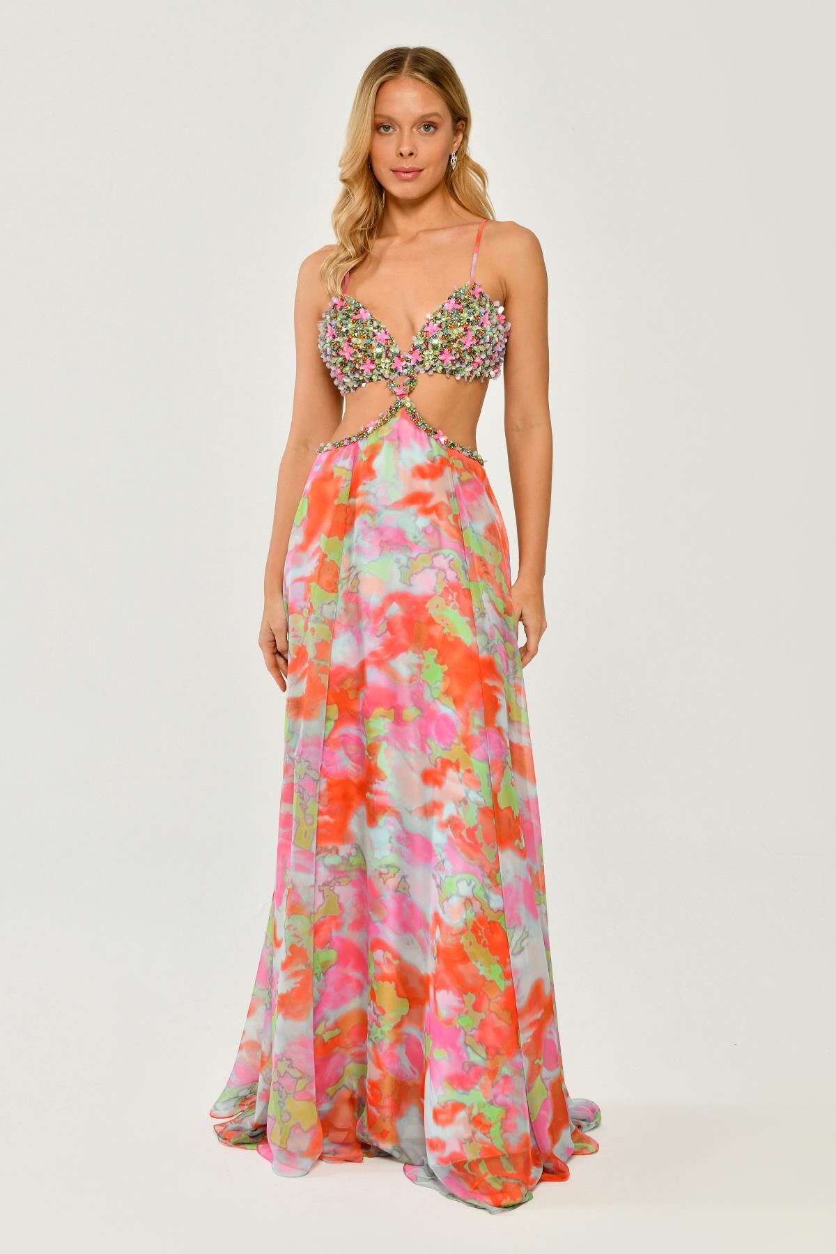 İp Askılı Beli Dekolteli Uzun Şifon Elbise MAVİ ORANGE - 36