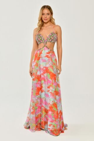 İp Askılı Beli Dekolteli Uzun Şifon Elbise MAVİ ORANGE - 36