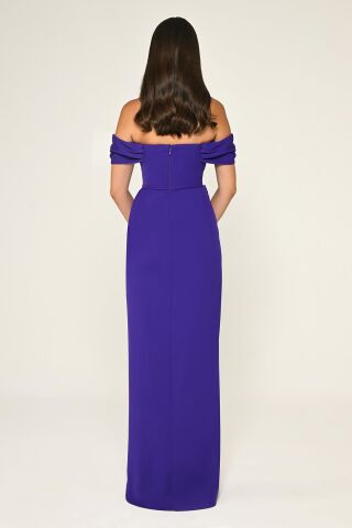 Düşük Omuz Yandan Yırtmaçlı Uzun Elbise Mor - 40